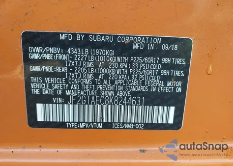 2019 Subaru Crosstrek 2.0I Premium from USA, damaged, VIN JF2GTAEC8K8244631